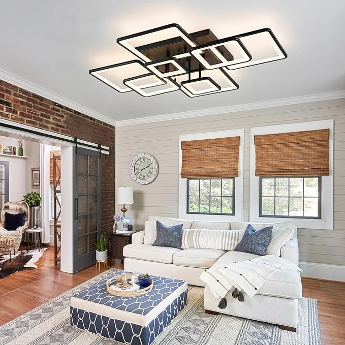 Modern LED Ceiling Light, Dimmable LED Chandelier Black Flush Mount Ceiling Lights, Remote Control Acrylic Ring Ceiling Lamp Fixture for Living Room Dining Room Bedroom, 8H-FANG-BL-04