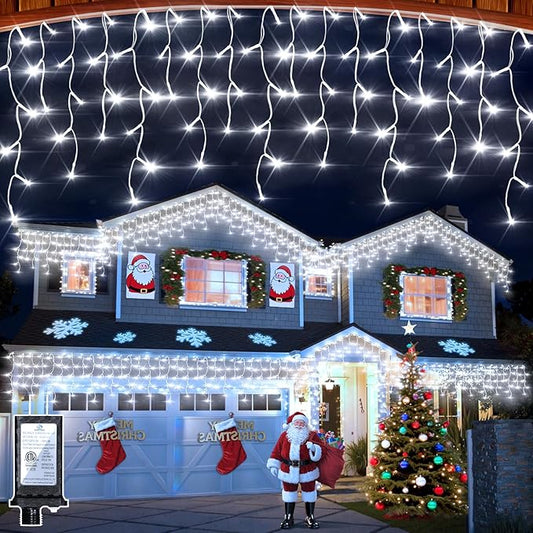 1296 LED Outdoor Christmas Lights with 288 Drops, 131FT ChristmasLights with 8 Modes Timer, Christmas Twinkly Lights IP44 Waterproof for Eaves Yard Room Holiday Wedding Party Decor(Cool White)