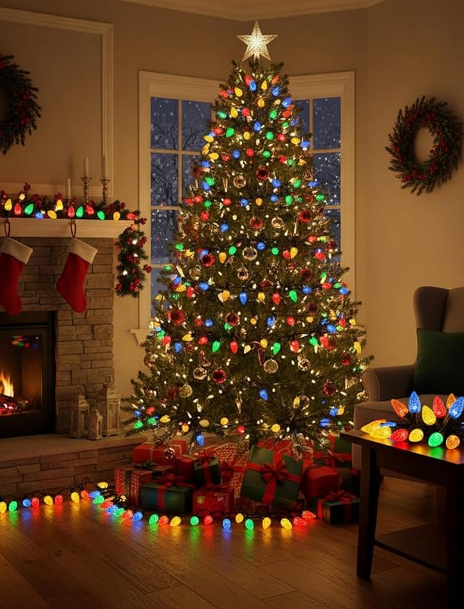 25 Pack C7 LED Christmas Light Bulbs, Dimmable Multicolor Diamond-Cut Transparent Replacement Light Bulbs, UL Listed Holiday Lights with E12 Candelabra Base for Indoor Outdoor Decorations