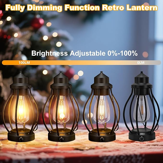 Battery-Powered LED Lanterns Vintage Lights for Christmas, 2 Pack Rechargeable Lantern with Dimmerble Warm White Edison Bulb, Waterproof Hanging Light Table Lamp for Outdoor & Indoor Decorative