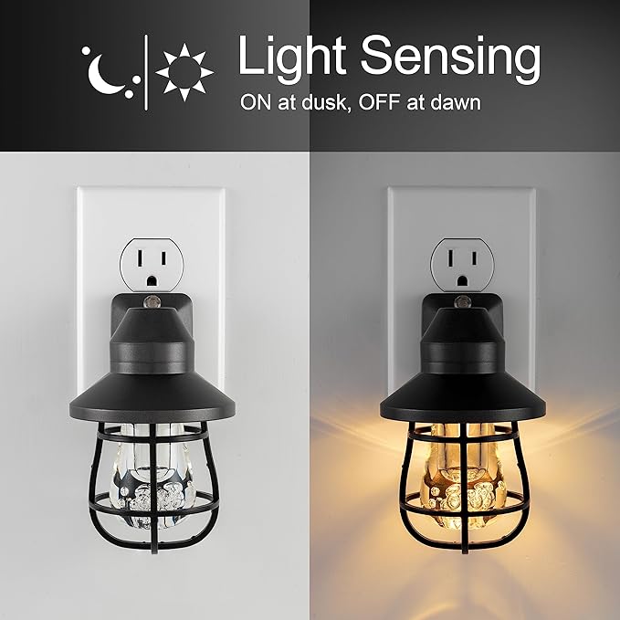 GE Vintage LED Night Light, Plug-in, Dusk to Dawn Sensor, Farmhouse Decor, Mood Lighting, Home Decor, Ambient Lighting, LED Lights for Bedroom, Bathroom, Kitchen, Hallway, 38628, Black, 1 Pack