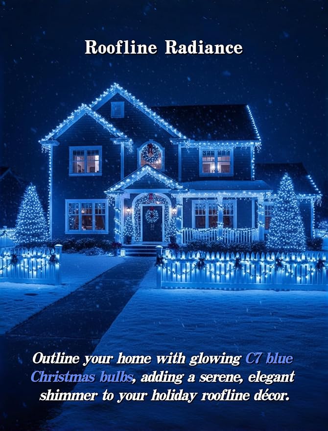 25-Pack C7 Blue Christmas Replacement Light Bulbs, 5W C7/E12 Candelabra Base Night Light Bulbs for Outdoor String Lights, Christmas Decorations, Patio and Party Lighting
