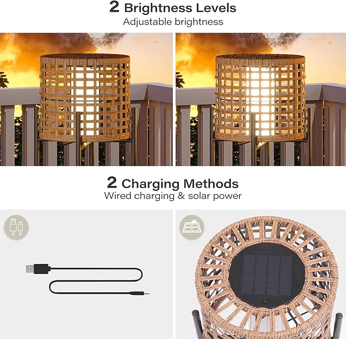 LAUSAINT HOME Solar Powered Outdoor Floor Lamp with Auto On/Off LED Light, Waterproof Wicker Patio Floor Lights, Boho Rattan Floor Lantern (1 Floor Lamp & 2 Desk Lamp)