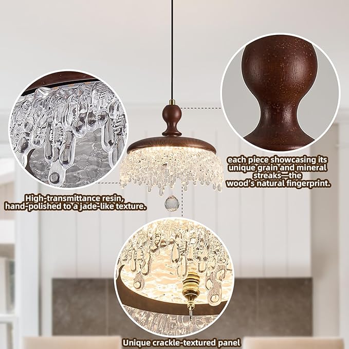 Farmhouse Wood Pendant Light,LED Hanging Pendant Light with Walnut Finish,Warm 3000K Wood Chandelier for Kitchen Island,Dining Room,Entryway（1 Pack）