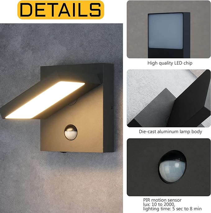 Lustrlach Motion Sensor Outdoor Wall Light Fixture LED Exterior Wall Mount Porch Light with Adjustable Lamp Head for House,Patio,Garden,3000K Dark Grey