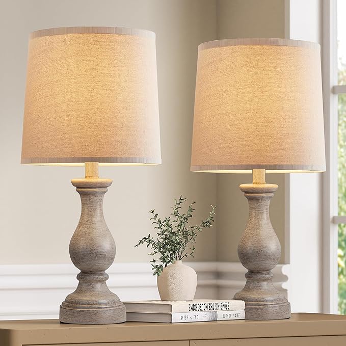 Seealle Farmhouse Table Lamps Set of 2 - Rustic Lamp for Bedroom Living Room, 22" Boho Bedside Lamps for Night Stands End Table Office Desk Lamp Nightstand with Linen Shades(Wood Painted)