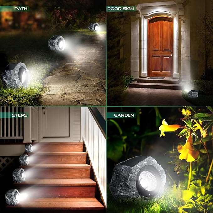 Solar Rock Lights Outdoor, Angle Adjustable Solar Lights Outdoor Waterproof, LED Solar Garden Lights, Auto On/Off Landscape Lighting for Yard, Pathway, Patio, Flower Bed - White Glow (Stone Gray)