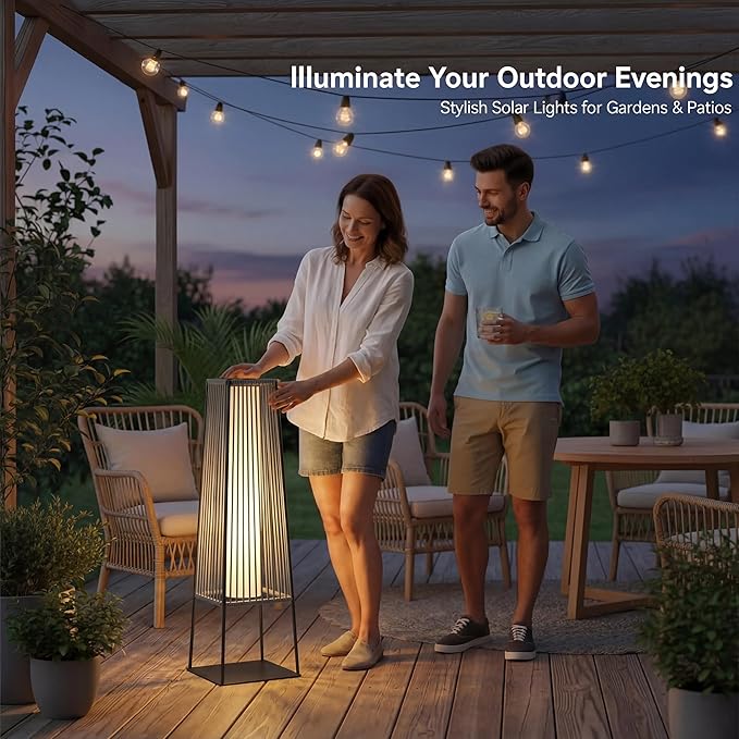 Outdoor Floor Lamp Set of 2, Rattan Solar Lanterns Outdoor Waterproof for Balcony, Deck, Garden & Patio (Gray)