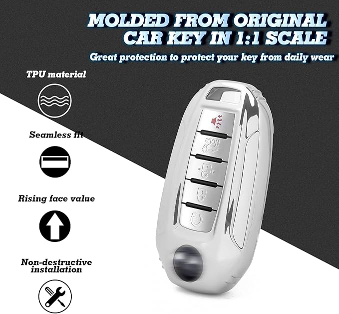 x xotic tech Silver TPU Key Fob Shell Full Cover Case,Compatible with Infiniti Q50 Q60 QX50 QX55 QX60 Smart Keyless Entry Key