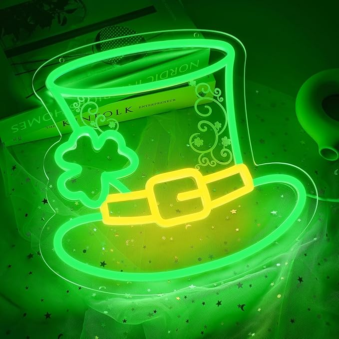 MissAudrey St. Patrick's Day Hat Neon Sign for Wall Decor, Decorations Hat Neon Signs Green Acrylic St. PatrickDay Art Wall Decor, 5V USB Powered Neon Sign Hanging for Window Wall Table Bedroom Man Cave Bar Pub Club Party
