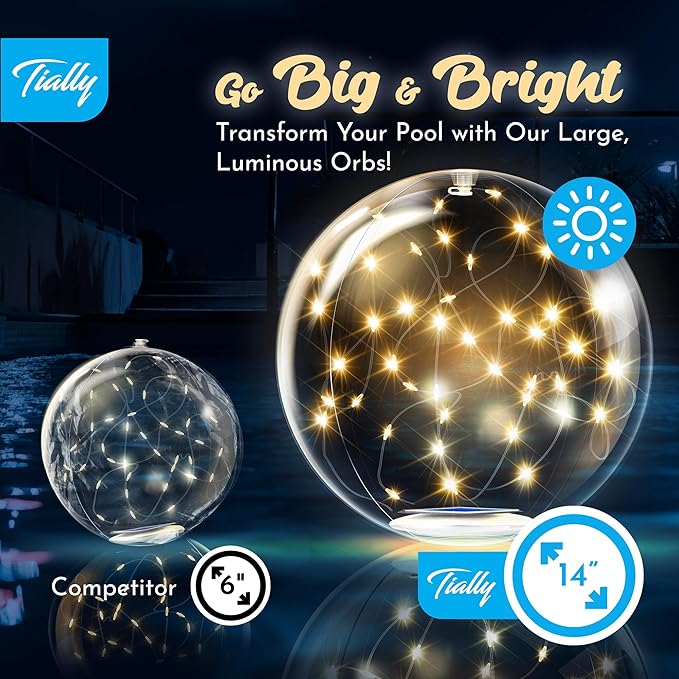 TIALLY Fairy Floating Pool Lights Solar Powered - 14" Inflatable Waterproof Led Glow Balls, Floating Light Up Balls for Swimming Pool Party Decorations, Cool Outdoor Decor (6 Pack)