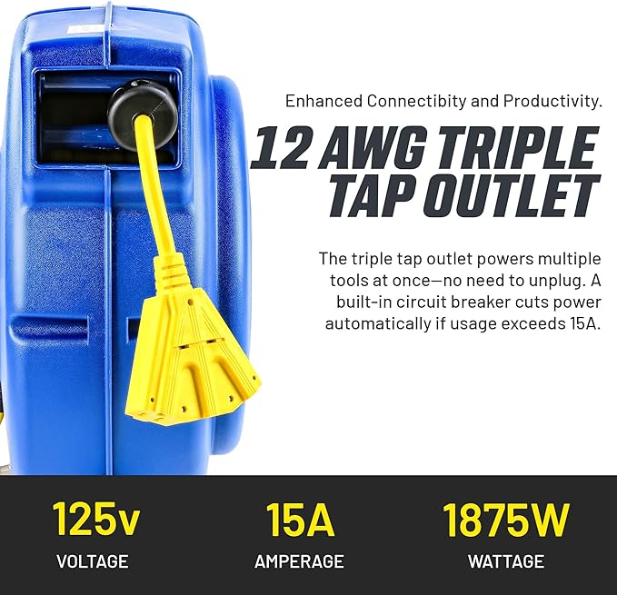 Goodyear Retractable Extension Cord Reel – Heavy-Duty Commercial Cable with Triple Tap Connector, Auto-Rewind & Wall/Ceiling Mountable (Enclosed, 12AWG x 65 ft)