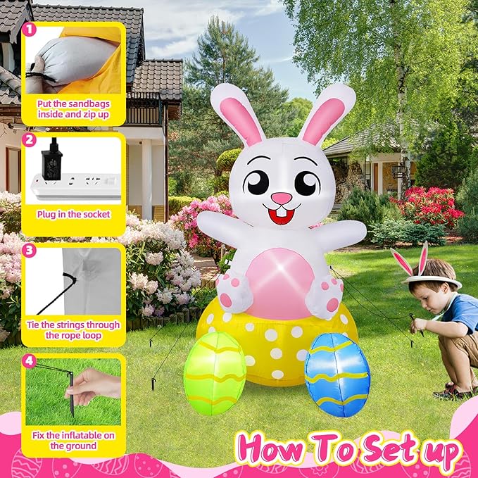 B&D 4FT Easter Inflatables Outdoor Decorations, Blow Up Inflatable Bunny Sits on Colorful Eggs Built-in LED Lights Happy Easter Yard Decorations for Holiday Party Indoor Outdoor Garden Lawn Decor