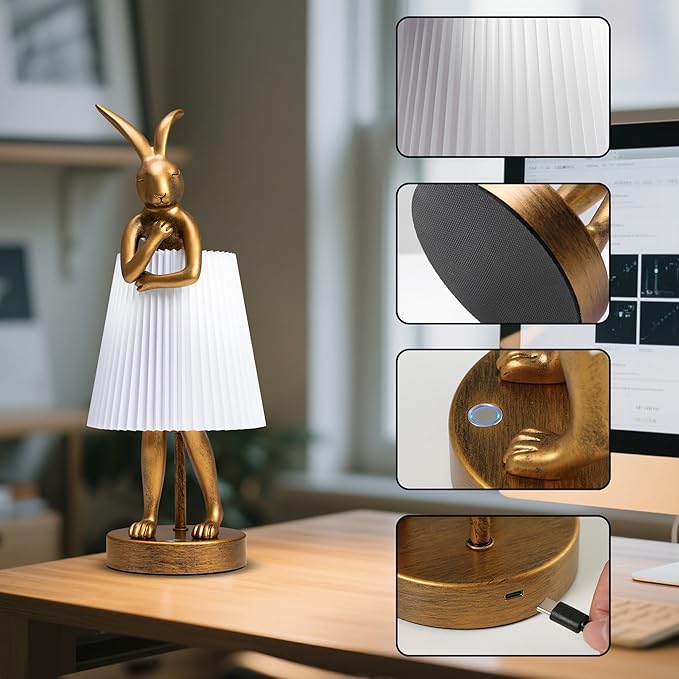 Bunny Cordless Table Lamp with 5000mAh Battery,Rechargeable Resin Rabbit Lamp with Pleated Shade Stepless Dimmable LED Small Cute Animal Light for Kids Room Home Decor Adult Gift(White)