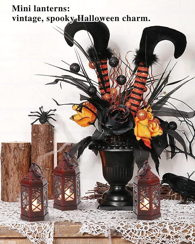 12-Pack Mini Moroccan Lanterns with LED Candle for Ramadan, Wedding, Small Decorative Lanterns for Baby Shower & Table Centerpiece, Ornament, Western Cowboy Party Decor, Red Brushed