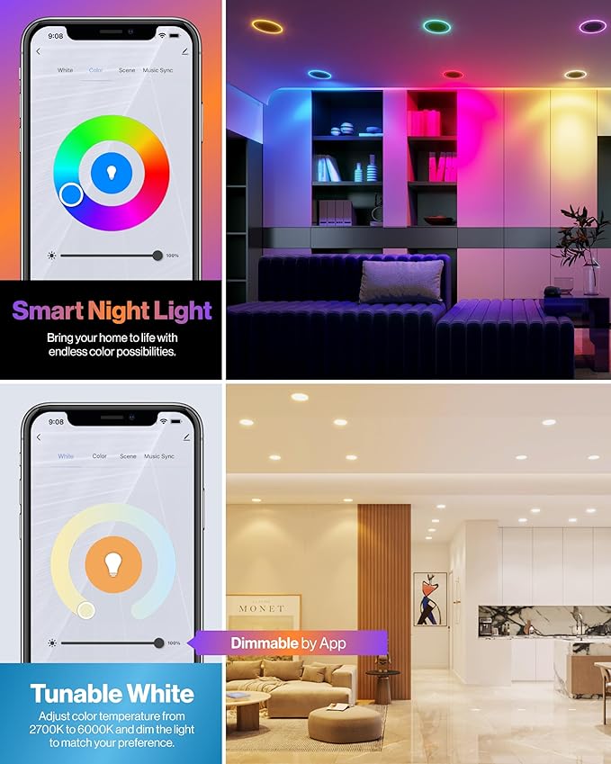 Sunco 2 Pack 6 Inch Smart Ultra Thin LED Recessed Ceiling Lights with Night Light, Tunable CCT 2700K to 6000K, Dimmable, 15W, Smooth Trim, Canless with Junction Box.