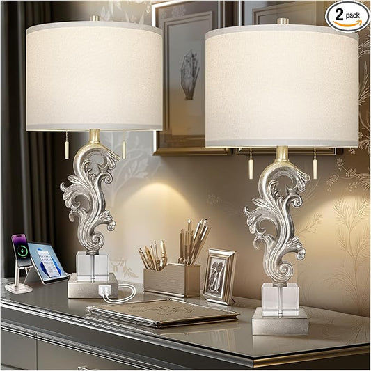 Scenekoy Table Lamp Set of 2 with USB Ports, Pull Chains Switch, 27” Silver Leaf Sculptural Bedside Lamps with Linen Shade for Living Room Bedroom, Nightstand Lamps for Home Room Decor