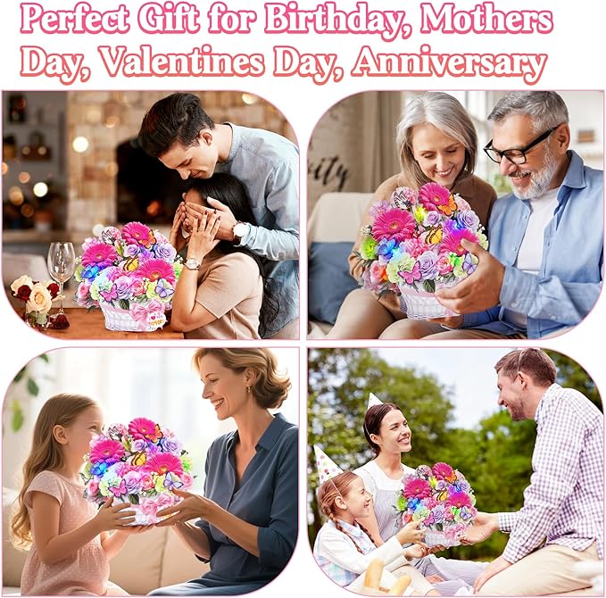 Mothers Day Card with Music & Lights, 3D Pop Up Mother's Day Cards, Gerbera Daisy & Butterfly, 10 Inch Forever Flower Bouquet Birthday Gift for Wife, Women, Mom