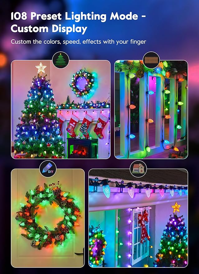 Brightown Smart C9 Christmas Lights Outdoor, 50 LED RGB C9 String Light with Remote, App Control, Music Sync, Connectable Waterproof Christmas Lights for House, Tree, Patio, Holiday Xmas Decor