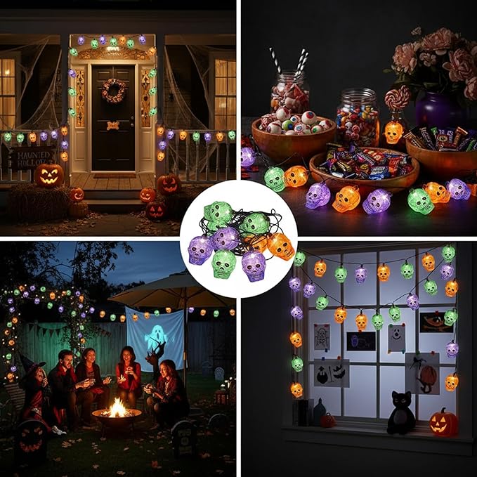 Halloween Skeleton Lights,8.5Ft Halloween Skull Lights with 10 LED Orange Purple Green Skeleton Lamp Waterproof UL Listed for Indoor Bedroom Patio Doors, Windows, Porches, Halloween Party Decor