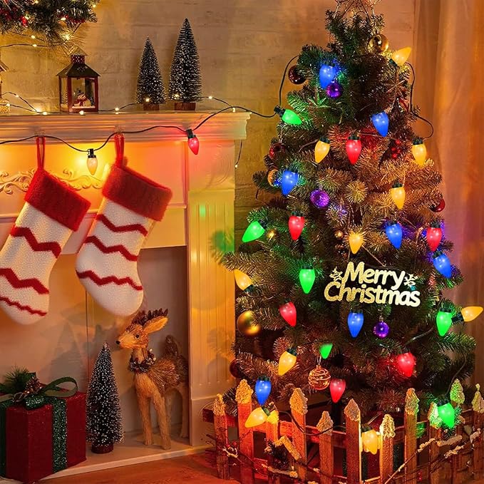C7 35 LED Battery Operated Christmas Lights,Battery Powered Multicolor Waterproofing Bulbs,13FT 8 Modes with Auto On/Off Time for Xmas Tree Garden Patio Indoor Outdoor Christmas Decorations