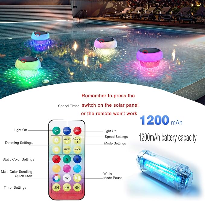 Solar Powered LED Floating Pool Light with RGB Color Changing Lights, IP68 Waterproof Pool Light with Remote Control, Remember to Press The Switch on The Solar Panel Or The Remote Won't Work