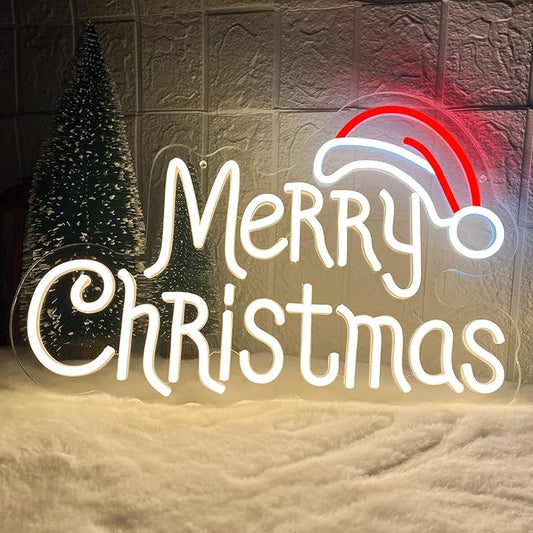 Merry Christmas Neon Signs, Warm White Christmas Neon Light with Santa Hat,USB Powered Dimmable LED xmas Lights Sign for Bedroom Home Living Room Party New Year Festival