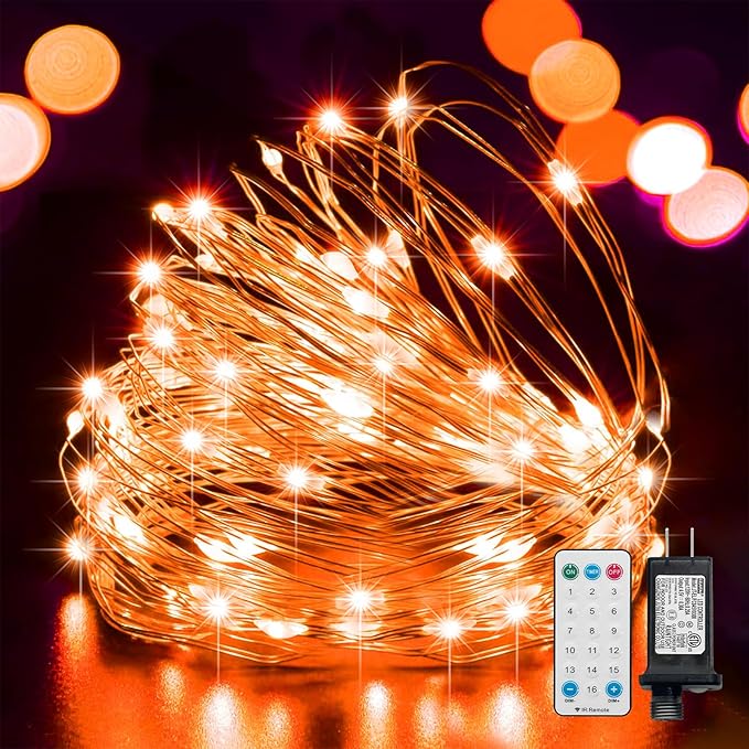 LAMPHOME Halloween Fairy Lights Plug in, 33Ft 100 LEDs Waterproof Twinkle Firefly Lights, Adaptor Included, Starry String Lights for Wedding Indoor Outdoor Christmas Patio Garden, Orange