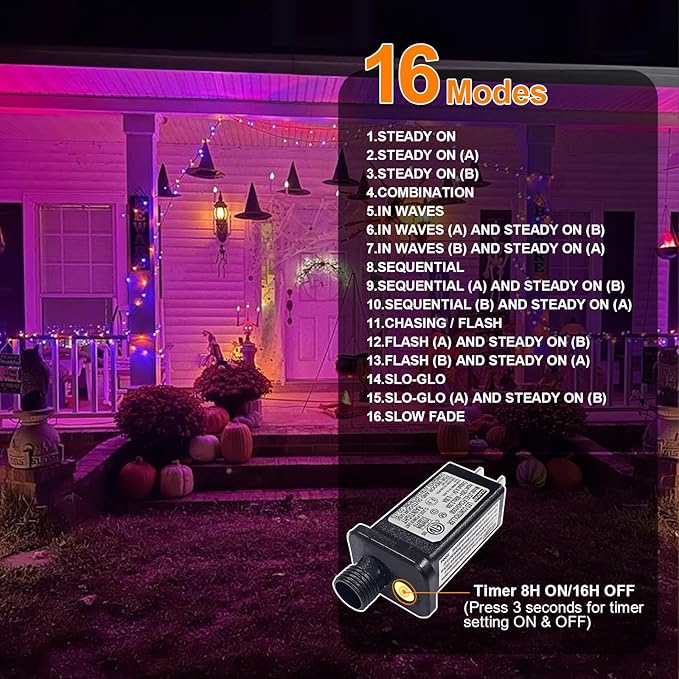 LAMPHOME Orange Purple Halloween String Lights Outdoor, 32.5FT 100 LED Waterproof Christmas Lights with 16 Lighting Modes for Halloween Garden Party Christmas Xmas Tree Lights Decor