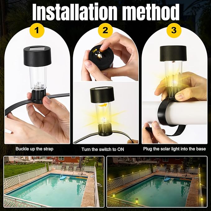 VIHOSE Pool Solar Lights for Framed Above Ground Pools Waterproof Solar Light Outdoor Swimming Pool Fence Decorations Pool Accessories Night Lights (Warm Light,8 Pcs)