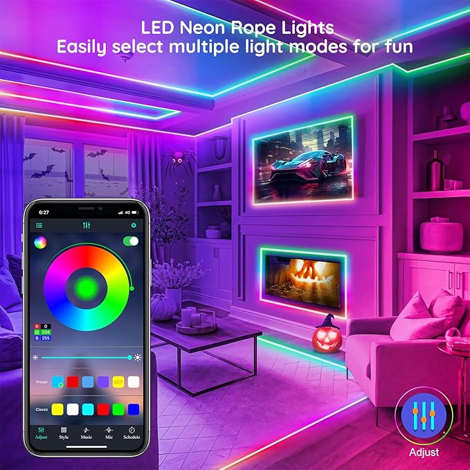 FBZ 50Ft Led Rope Lights, Flexible Neon Lights Control with App/Remote, Multiple Modes, IP65 Outdoor RGB Waterproof, Music Sync Gaming Light Strip for Bedroom Decor