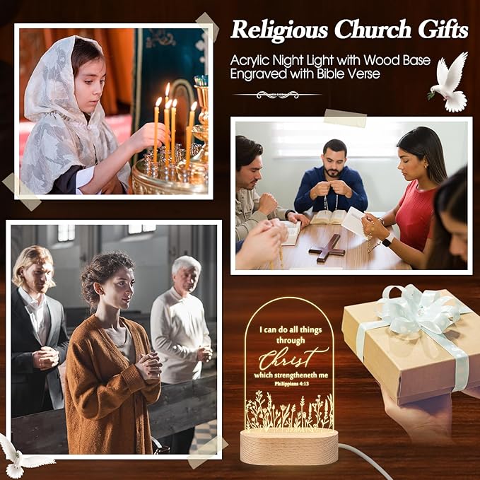 10 Pcs Christian Acrylic Night Light Bulk Mothers Day Religious Faith Church Gifts for Women Ladies Group Bible Verse Scripture LED Lamp with Wood Base for Easter Decor Men Clergy Pastor