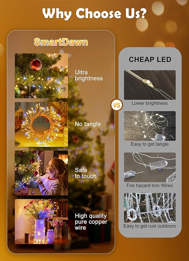 Fairy Lights Plug in, 200LED Twinkle Lights - Firecracker String Lights, Christmas Tree Lights Waterproof for Bedroom, Garden, Patio, DIY Wreath, Indoor Outdoor Decor