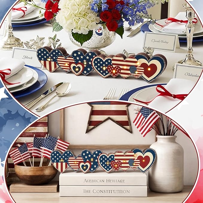 Yousoontic 4th of July Decorations Retro Patriotic Table Centerpieces with LED Lights Memorial Day Heart Wooden Sign Decor 3D Block Red White Blue Decor for 250th Anniversary Home Mantel Desk Party
