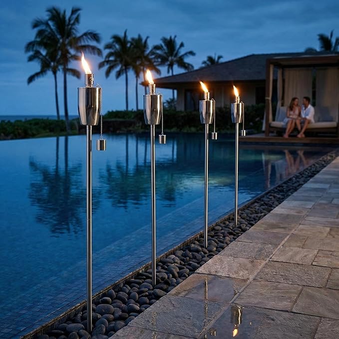 FAB BASED 55 Inch Outdoor Oil Torch Lamp–4 Pieces Rustproof Stainless Steel Citronella Torches, 11.16 oz, Includes Funnel & Fiberglass Wicks for Patio Garden Backyard (Ecru)
