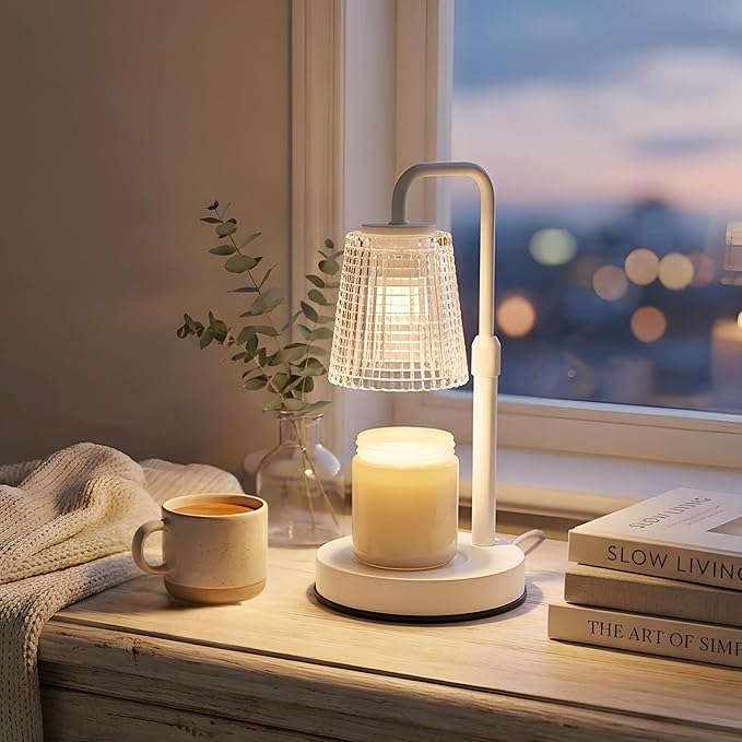 Elegant Electric Candle Warmer Lamp with Timer, Minimalistic Glass Shade, Adjustable Dimmer, Flameless Candle Warmers for Unique Home Decor, Cozy Gifts for Easter & Housewarming (White)