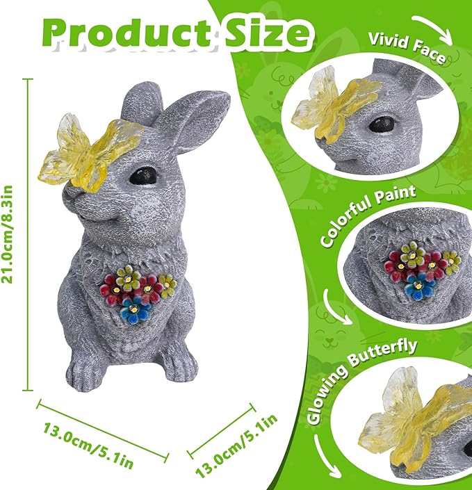 Solar Bunny Garden Statue with Glowing Butterfly - 8.3" Outdoor Garden Decor for Yard, Patio - Resin Rabbit Figurine Lights - Ideal Easter Decorations & Birthday Gifts for Mom, Grandma