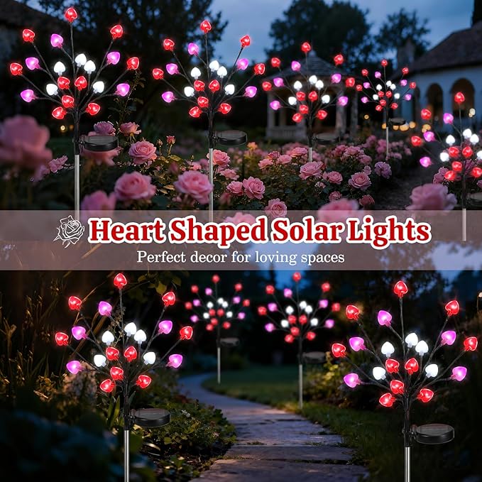 Lewondr Valentine's Day Solar Outdoor Lights, 4 Pcs Valentines Day Decorations, 20 LED Red Pink White Heart Solar Lights with 2 Modes, Waterproof Valentines Decor for Outdoor Garden Lawn Yard Pathway