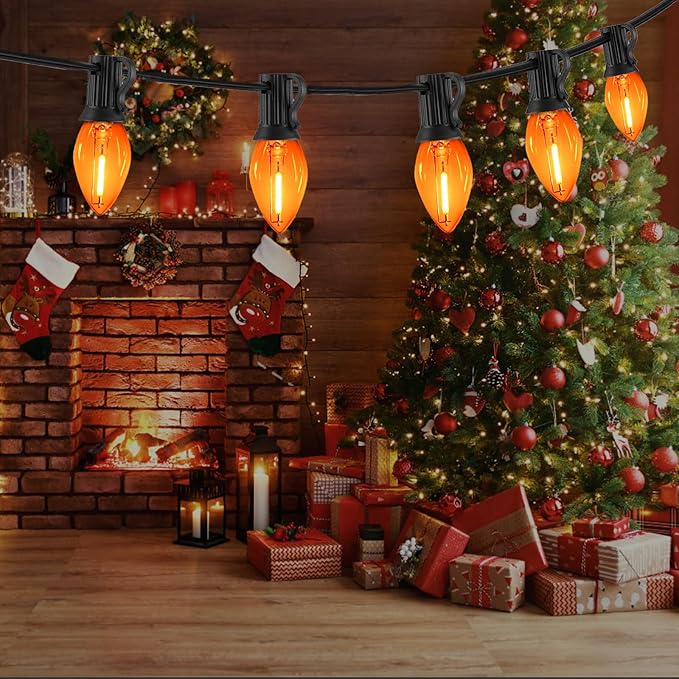 12FT Orange Halloween Lights Outdoor, C7 LED String Lights Plug in with Black Wire for Patio, Porch Railing, Walkway, Party Backdrop Decor