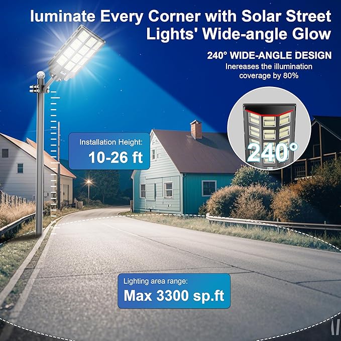 Solar Street Light 8000W, Solar Outdoor Lights Waterproof, 240000LM 8000K Solar Powered Parking Lot Light Dusk to Dawn with Outside Motion Sensor LED Light, Wide Angle Street Lamp