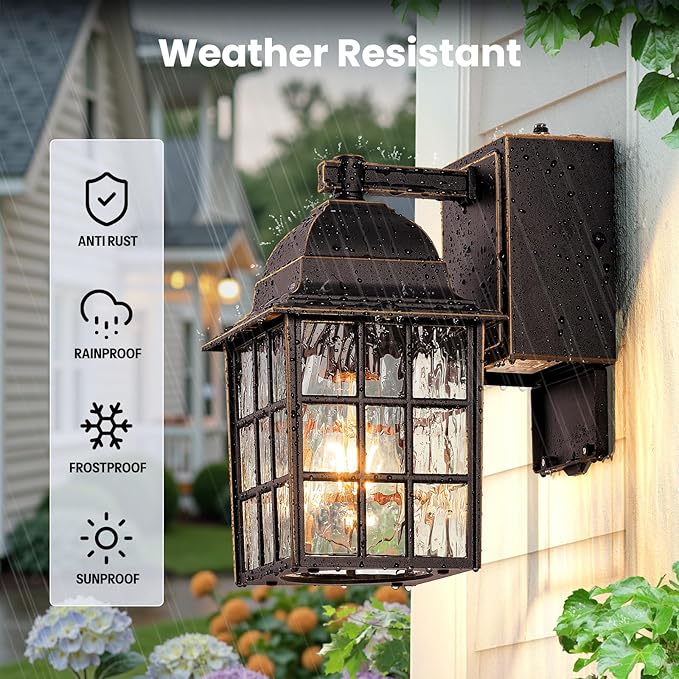 Gleamz Dusk to Dawn Outdoor Porch Light with GFCI Outlet, Farmhouse Oil Rubbed Bronze Gold Trim Exterior Garage Lighting Fixtures Wall Mount for House, Anti-Rust Waterproof Outside Wall Sconce Lantern