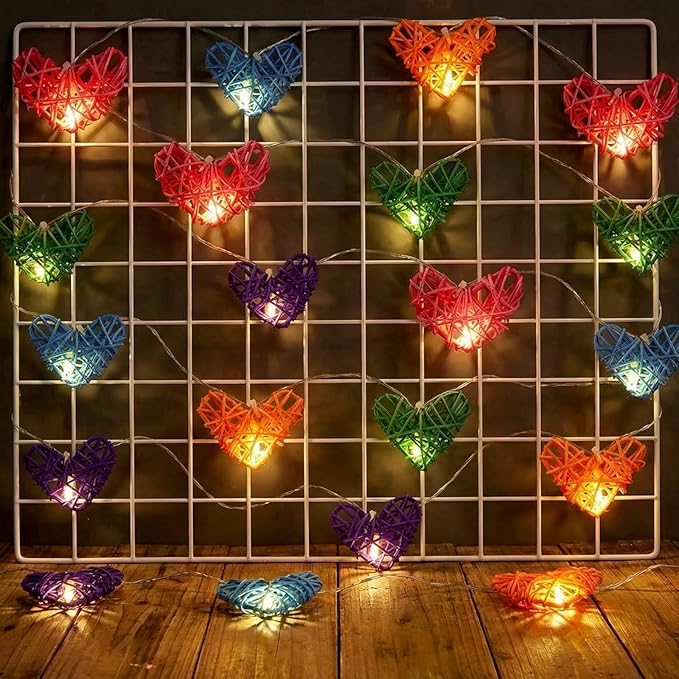 Heart String Lights for Wedding Birthday Party - 3D Hollowed Rattan 9.8ft 20 LED Candy Color Love Lights, Battery Powered, Multi-Color