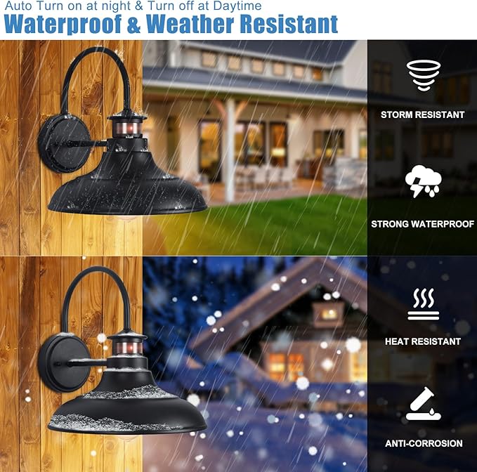 Motion Sensor Outdoor Barn Lights - Dusk to Dawn Farmhouse Gooseneck Barn Light, 12" Large Black Porch Light Fixture Wall Mount, Exterior Wall Lighting Fixture for Garage Patio Doorway, 1 Pack