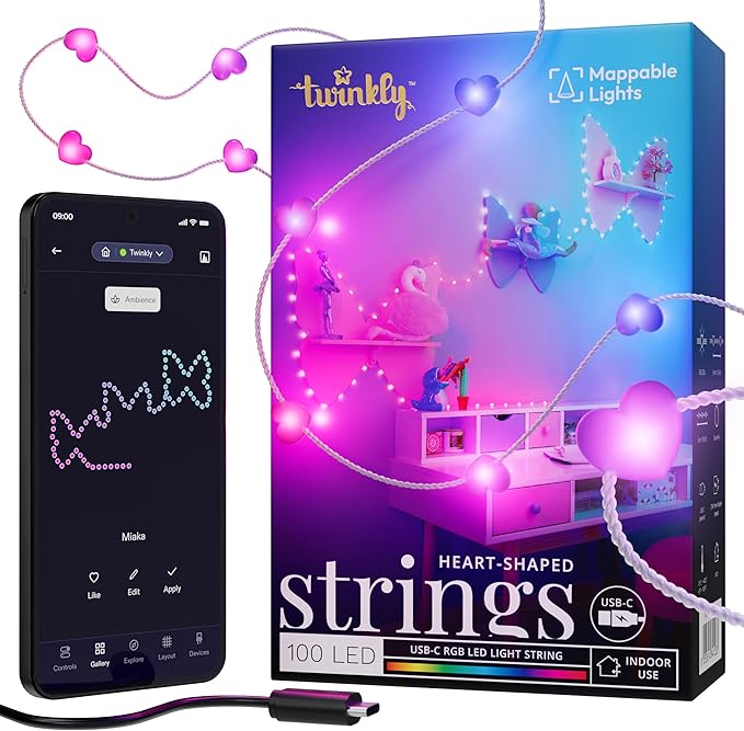 Twinkly Candies App-Controlled Heart-Shaped USB-C LED Light String w/ 100 RGB (16 Mil. Colors) 6 M/19.7 FT. Clear Wire. USB-C Adapter Not Included