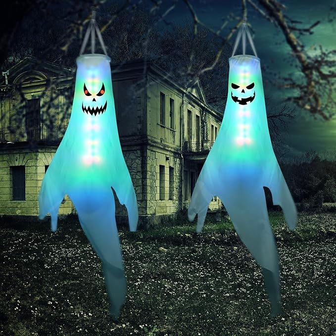 Halloween Ghost Decorations Outdoor: 2 Pcs Spooky Hanging Ghosts for Tree, Porch, Garden, Yard - Waterproof Colorful Halloween Decor With Timer