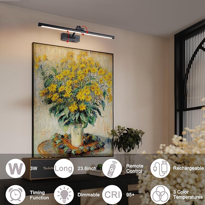 23.6 Inch Battery Operated Picture Lights for Wall Rechargeable Art Lighting for Paintings Wireless Gallery Lights with Remote Control and Dimmable Timed Off Black Wall Lights