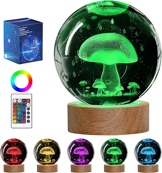 Mushroom Night Light, 3D Crystal Ball Lamp with 16 LED Color Changing & Remote, 3.15 Inch Unique Desk Decor, Gift for Women/Men/Kids, Birthday Christmas Home Room Decoration, Mushroom Lamp