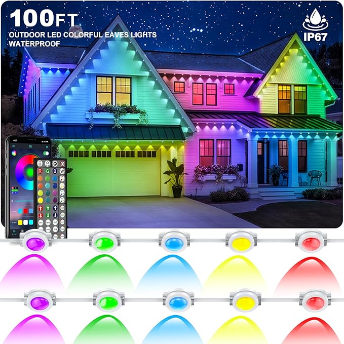 Permanent Outdoor Lights,100FT RGB Eave Light,IP67 Waterproof Lighting for House,Smart LED with App/Remote Control for Outdoor Decor,Garden Decor,Party,Holiday