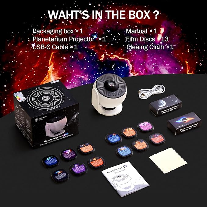Luxury Galaxy Projector Gift Set – 360° Rotating HD Nebula, 13 Cosmic Discs, Adjustable Brightness & Speed, Auto-Off Timer (1/2H), Perfect for Kids & Adults