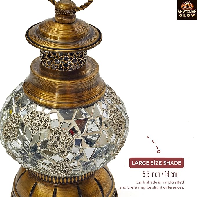 Portable Turkish Mosaic Lamp – Handmade Tiffany-Style Glass Light with Bronze Base and LED Bulb – Battery Powered Bedside Decor Lamp (White Star Pattern) – Globe Size 6.5"